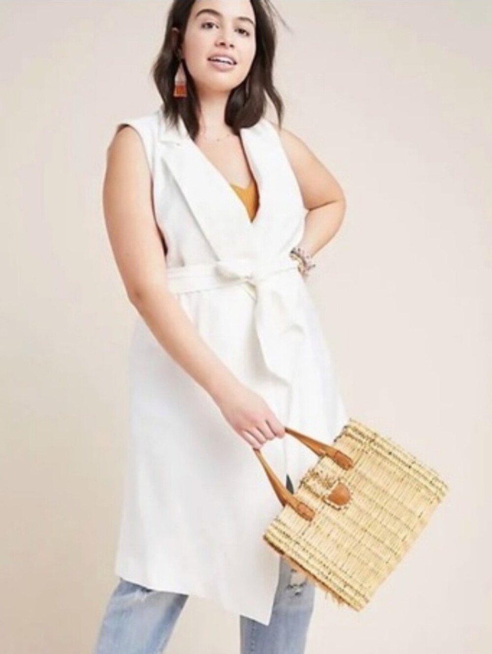 by Anthropologie | Cream Longline Tie Waist Vest Size 2X